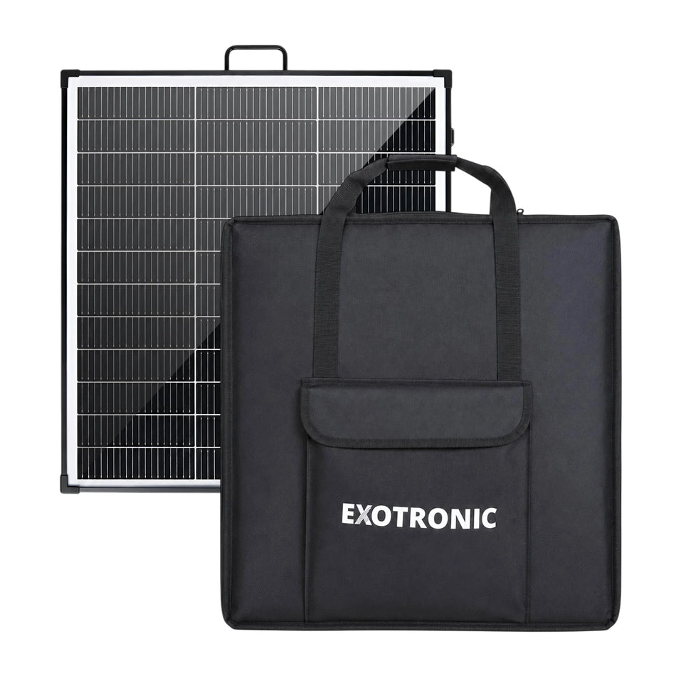 200W folding solar panel standing behind a black padded carry bag with front pocket