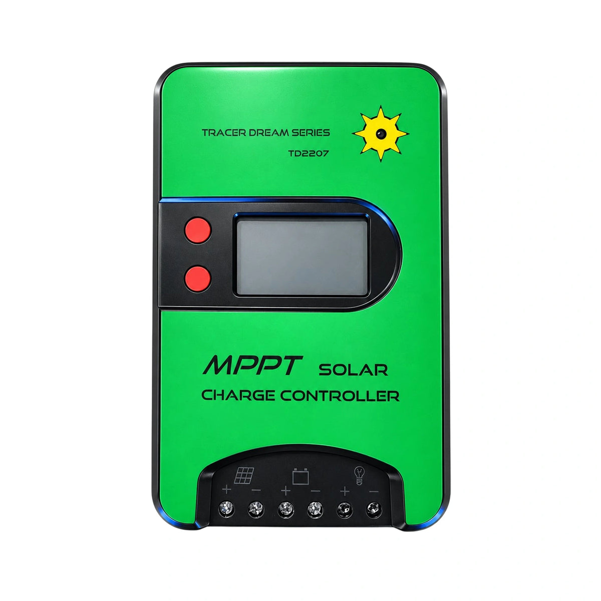 Front view of green Exotronic 20A MPPT solar charge controller with LCD display and terminal ports