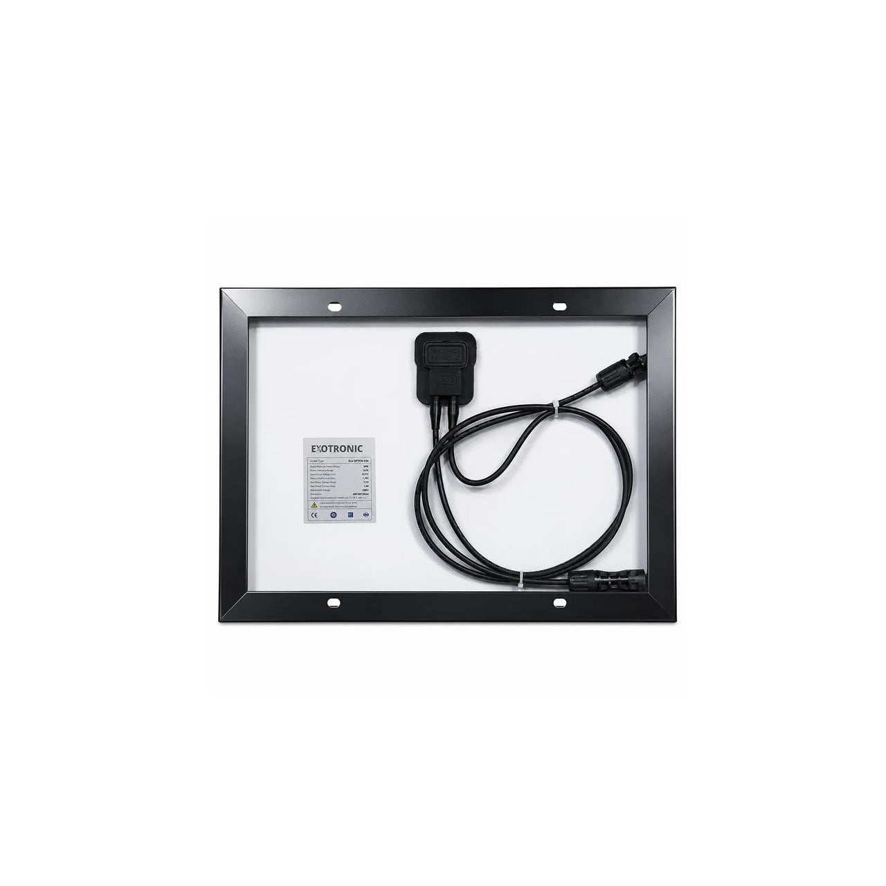 Rear view of 20W solar panel showing IP68 junction box and MC4 compatible connectors