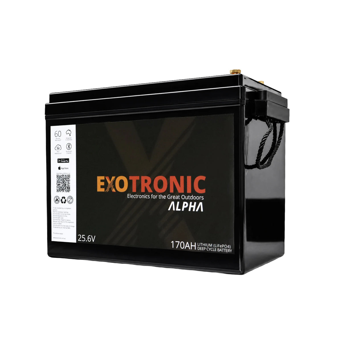 170Ah 24V Alpha lithium battery in black ABS casing with rope handles