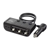 Black 3-way car lighter adaptor with LED voltage display, three sockets and coiled power cable