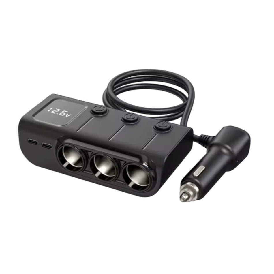 Black 3-way car lighter adaptor with LED voltage display, three sockets and coiled power cable