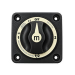 Front view of black 4-position battery selector switch showing off, one, two and combined positions
