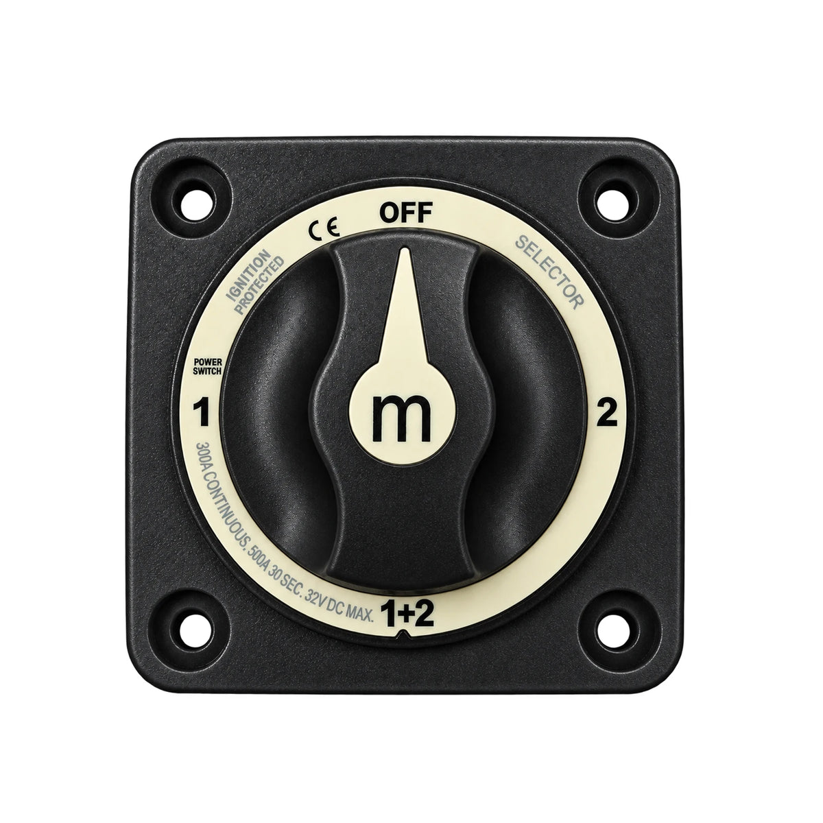 Front view of black 4-position battery selector switch showing off, one, two and combined positions
