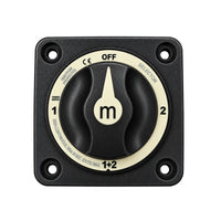 Front view of black 4-position battery selector switch showing off, one, two and combined positions