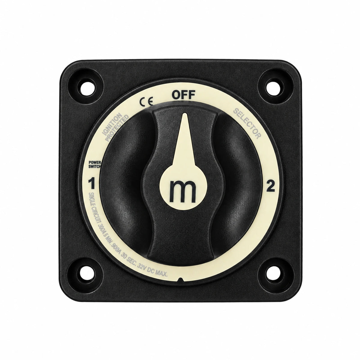 Front view of black Exotronic 300A battery selector switch with OFF, 1, and 2 positions