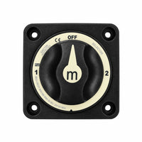Front view of black Exotronic 300A battery selector switch with OFF, 1, and 2 positions