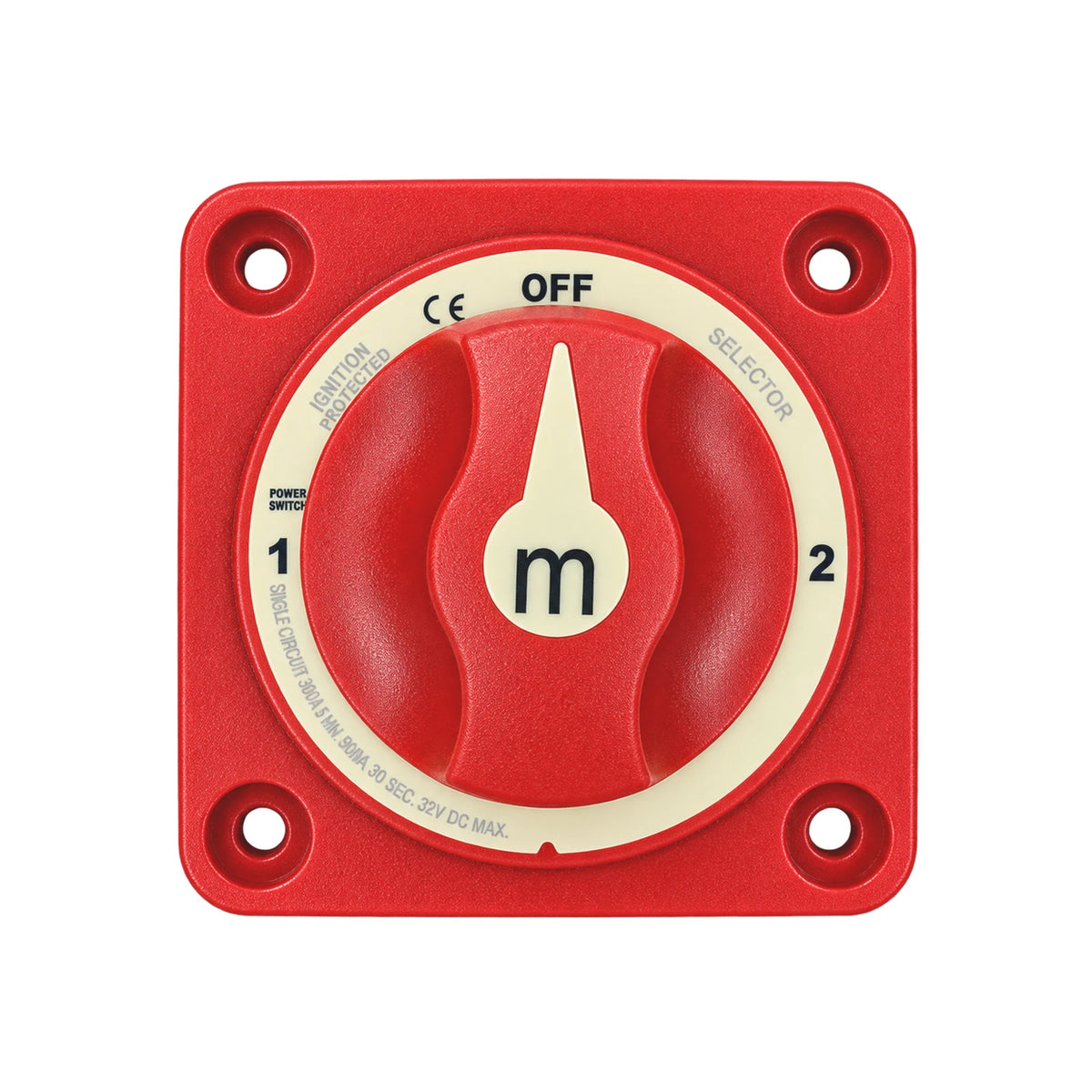 Red 3-position battery selector switch with 300A rating and ignition protection
