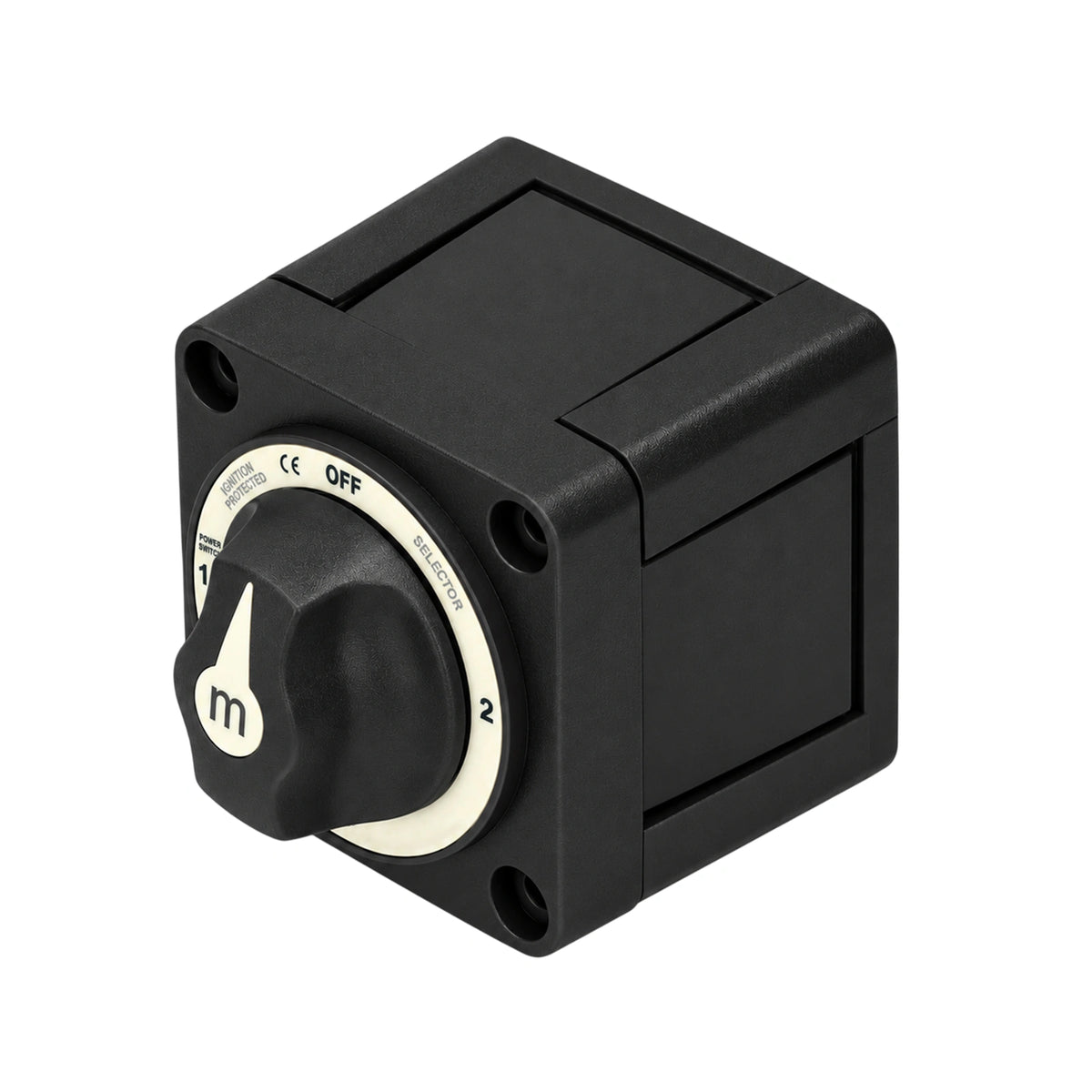 Angled perspective of the black marine battery switch showing surface mount enclosure