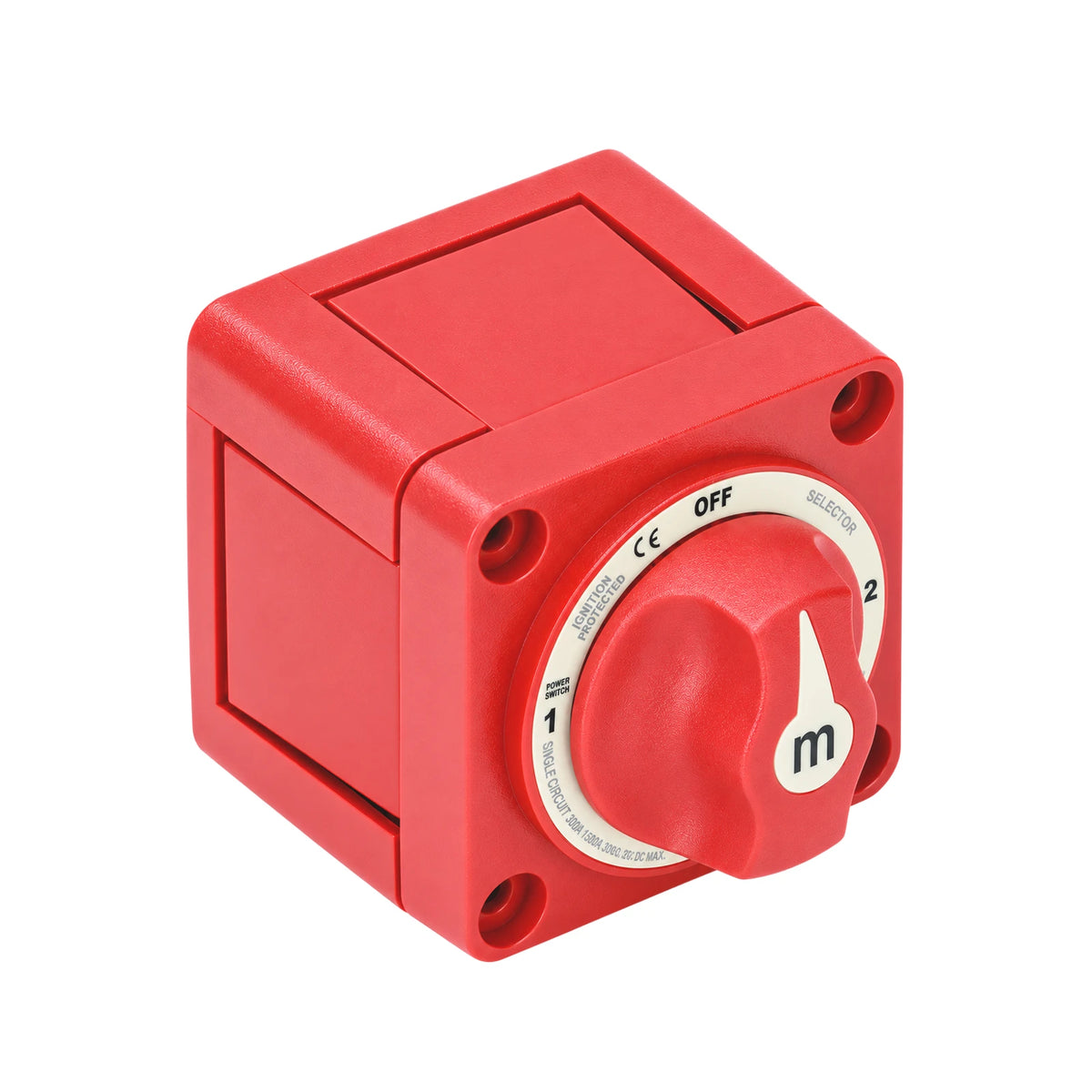 Angled view of the Exotronic 300A battery switch showing the selector dial