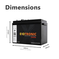 Dimensions diagram of the Exotronic 300Ah lithium battery showing length, width, and height