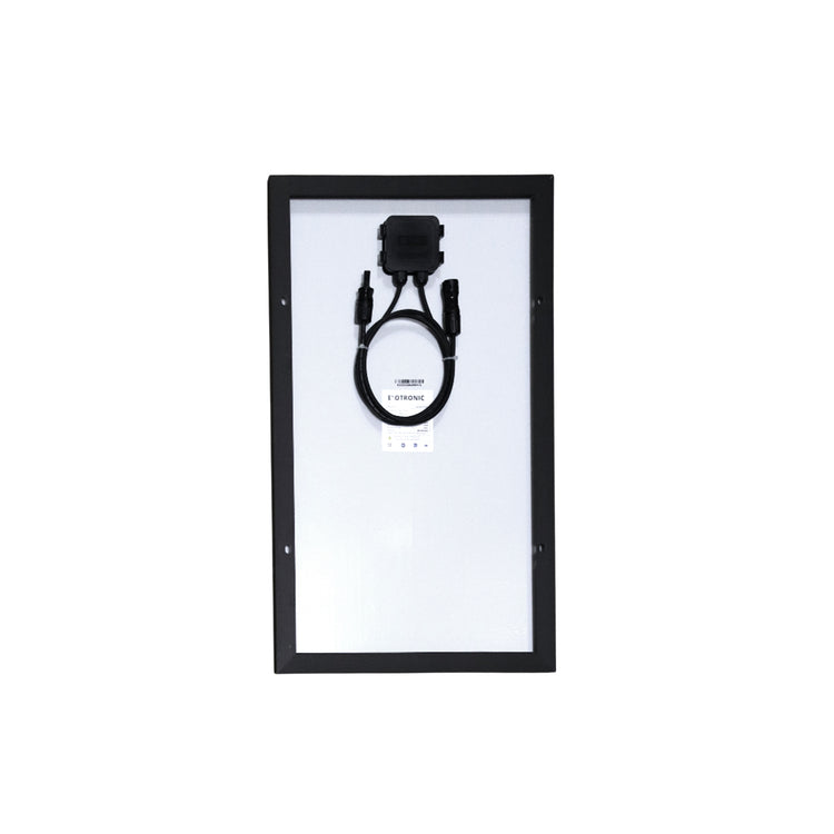 Rear view of 45W solar panel displaying junction box, cables, MC4 connectors and product label