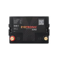 Top-down view of lithium battery detailing terminals and technical specification label