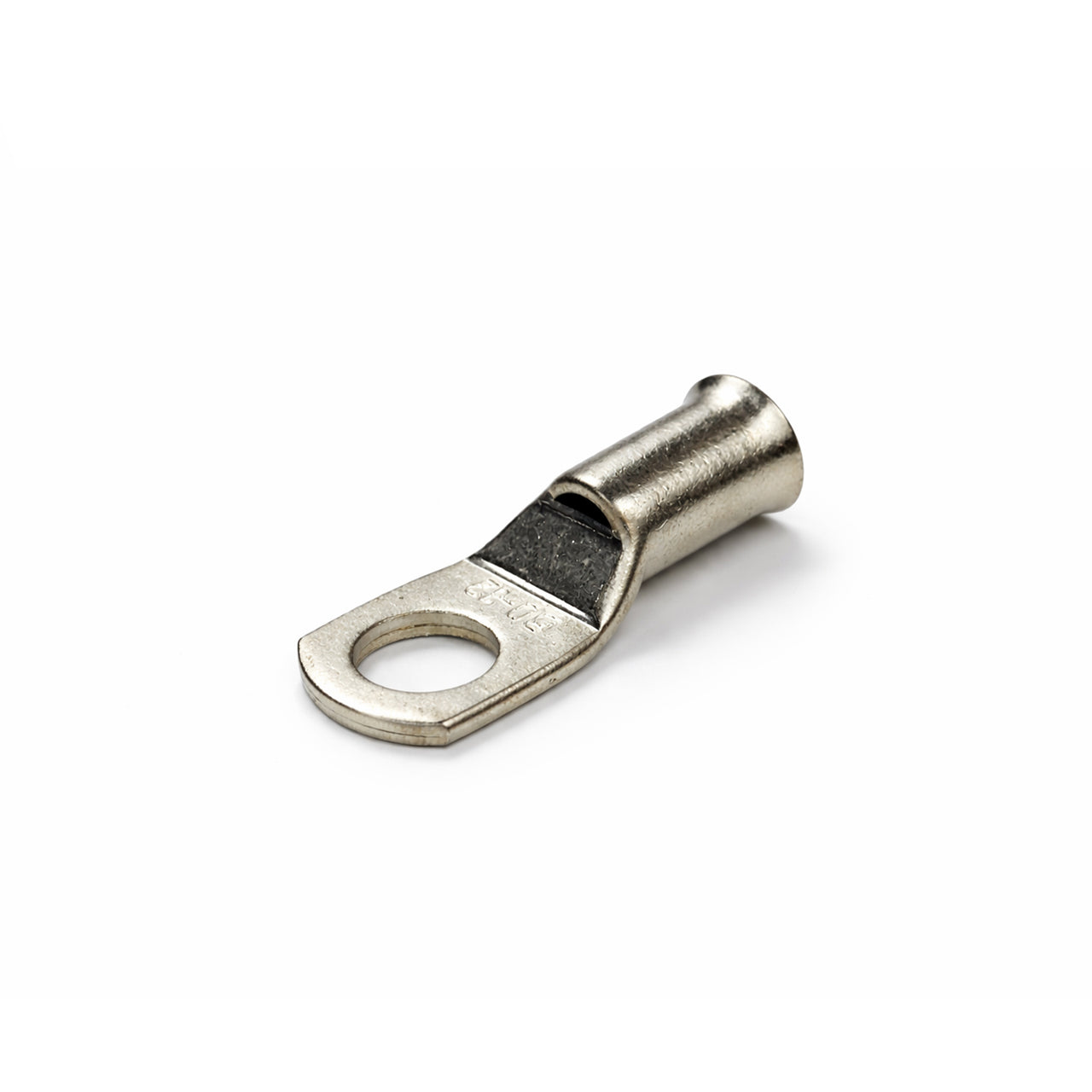Tin-plated 50mm² copper lug with M12 hole and flared bellmouth entry