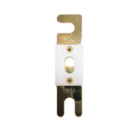 Front view of Exotronic 600A ANL fuse with gold-plated terminals and ceramic body
