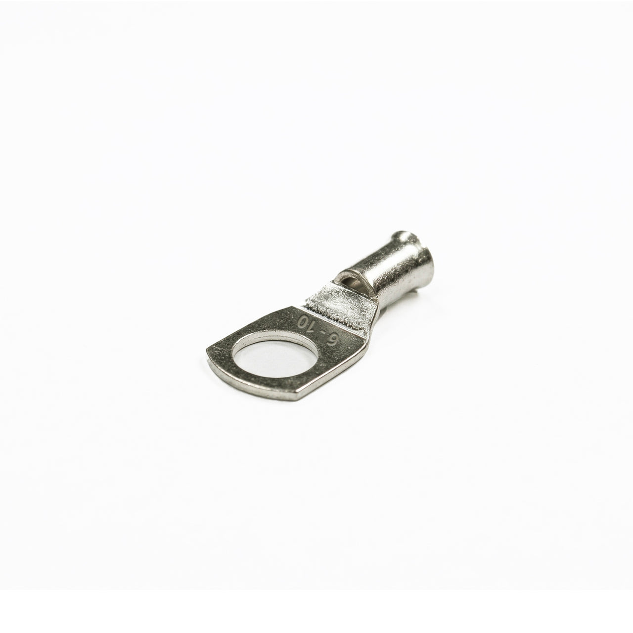 Tin-plated 6mm² copper lug with M10 hole and flared bellmouth entry