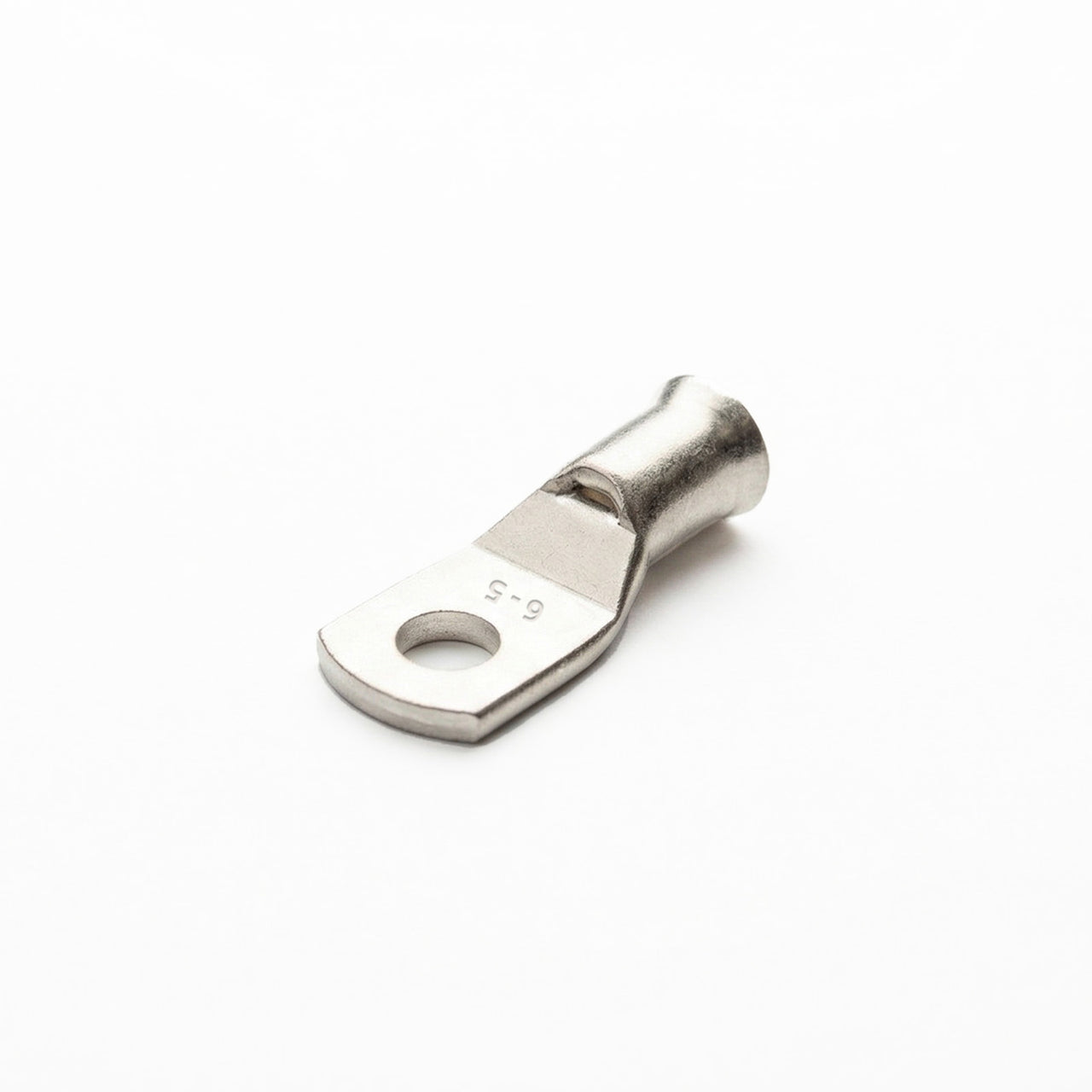 Tin-plated 6mm² copper lug with M5 hole and flared bellmouth entry