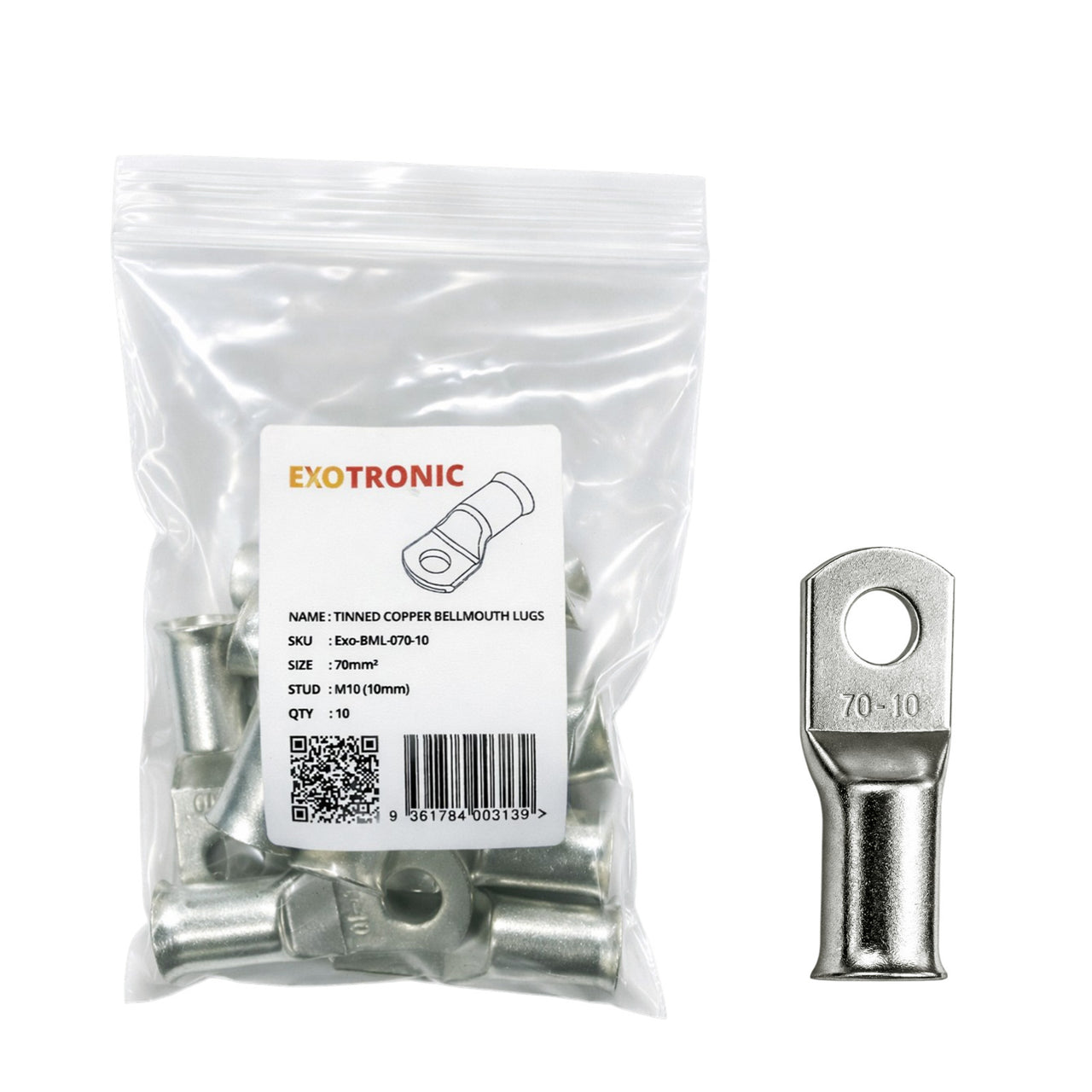 10 pack of 70mm2 tinned copper cable lugs with M10 stud hole in clear retail packaging