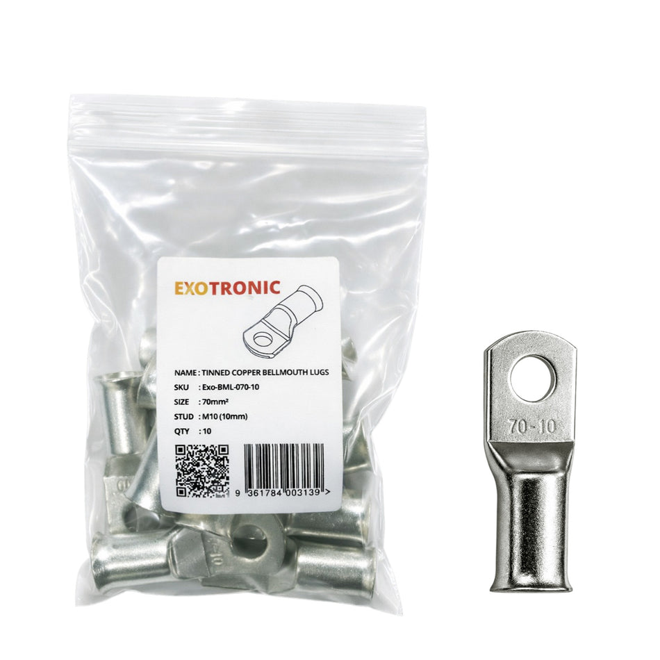 10 pack of 70mm2 tinned copper cable lugs with M10 stud hole in clear retail packaging