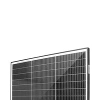 Close-up of the black anodised aluminium frame and tempered glass edge of a 75W solar panel