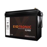 Exotronic 12V 400Ah Alpha lithium battery in black IP67 case with heavy-duty rope handles