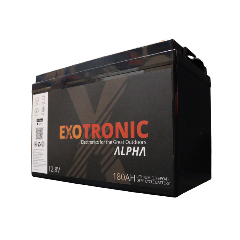 Exotronic Alpha 12V 180Ah lithium deep cycle battery angled view