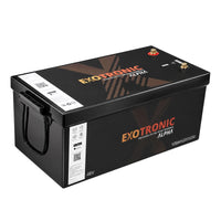 Elevated perspective view of the 48V 100Ah lithium battery in a compact black enclosure