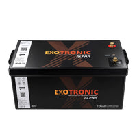 Front view of the Exotronic 48V 100Ah Alpha lithium battery showing main labels