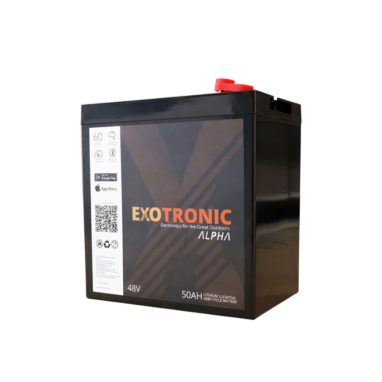 Front view of Exotronic Alpha 48V 50Ah lithium battery showing branding and warranty icons