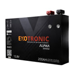 Angled view of 200Ah slimline lithium battery in black metal case with red and black terminals on top right