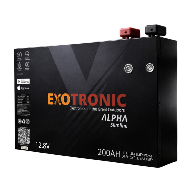 Angled view of 200Ah slimline lithium battery in black metal case with red and black terminals on top right