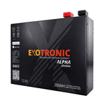 Exotronic Alpha Slimline 12V 200Ah LiFePO4 battery in a black powder-coated metal case