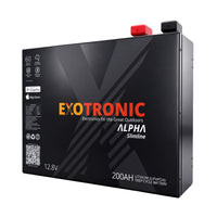 Exotronic Alpha Slimline 12V 200Ah LiFePO4 battery in a black powder-coated metal case
