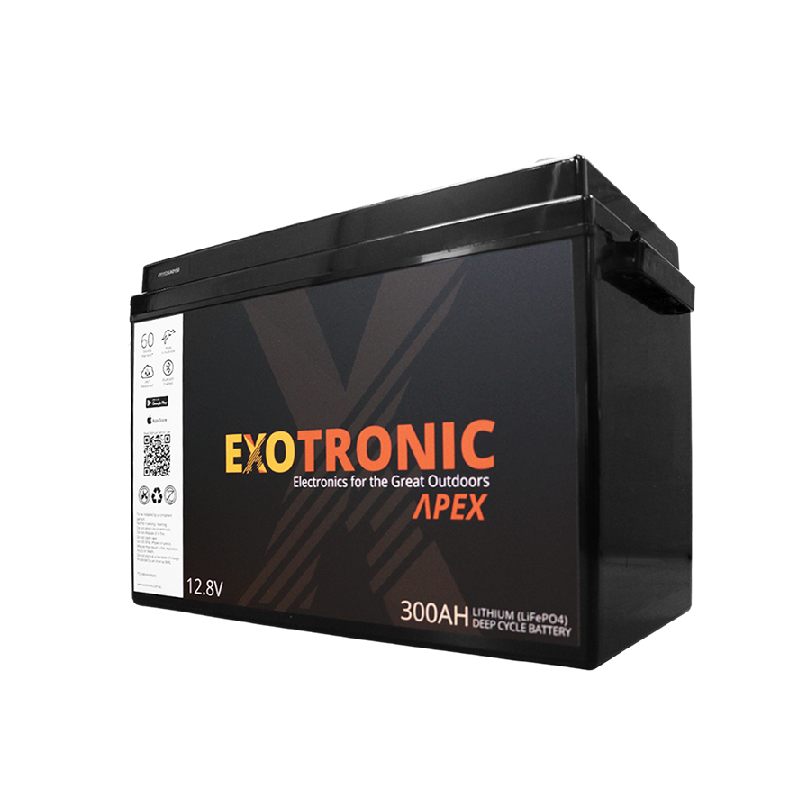 Angled view of Exotronic 12V 300Ah lithium battery isolated on transparent background