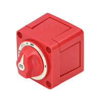 Isometric view of red battery switch with removable side panels for cable access