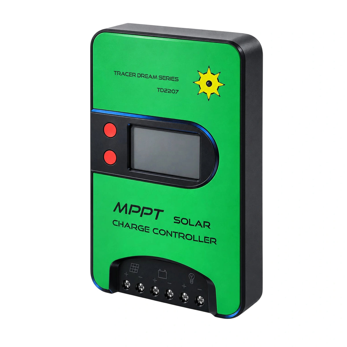 Side perspective view of the green Exotronic TD2207 MPPT solar charge controller