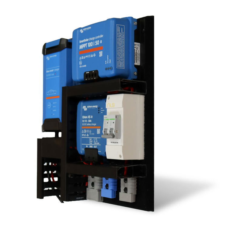 Angled view of Exotronic pre-wired board featuring Victron AC, DC-DC and solar chargers