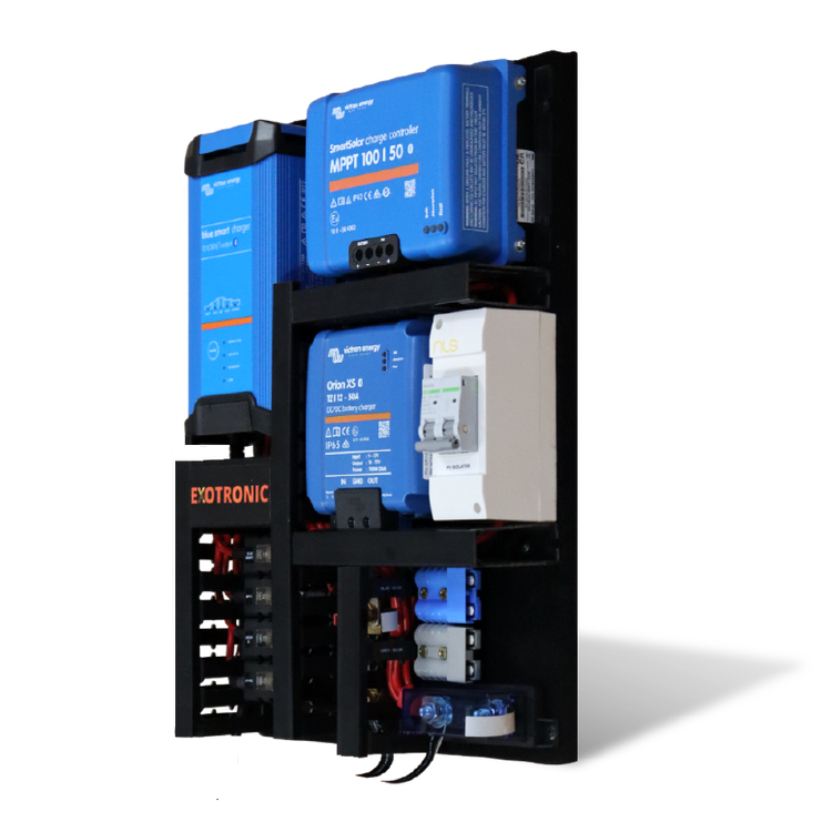 Angled view of Exotronic Noosa 50 Plus pre-wired power board with Victron components