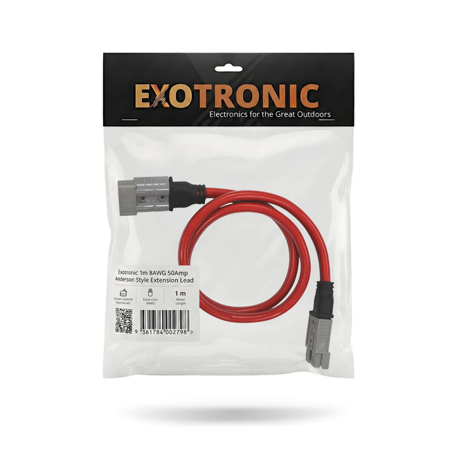 Exotronic retail packaging containing 1m 8AWG 50A Anderson style extension lead with specifications label