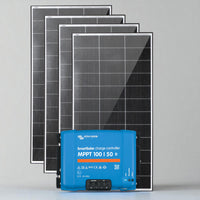 Four 200W solar panels arranged behind a Victron SmartSolar MPPT 100/50 charge controller