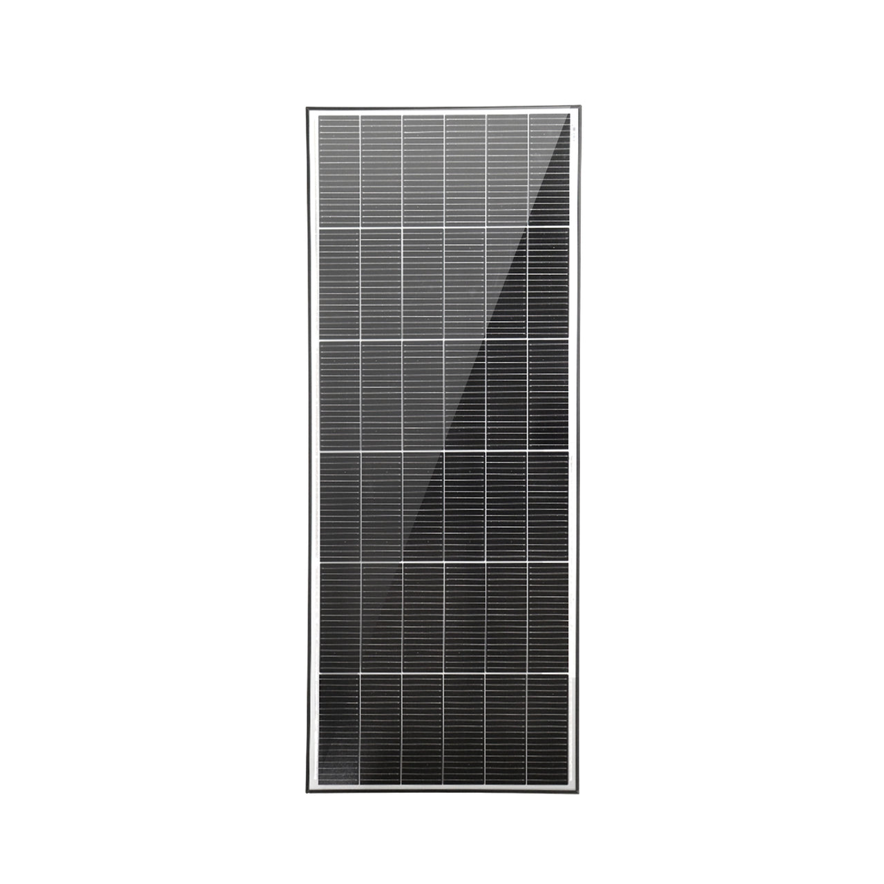 Front view of 145W fixed solar panel with black anodised aluminium frame and monocrystalline cells