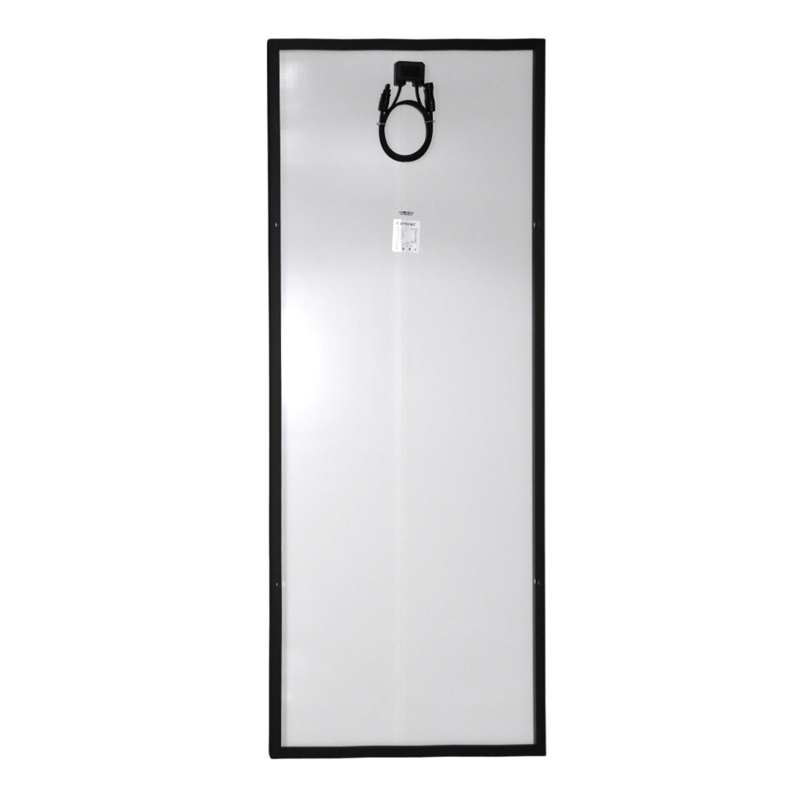 Rear view of solar panel showing white backing sheet, junction box and cables