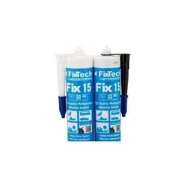 Two Fixtech Fix15 adhesive sealant cartridges displayed side by side with nozzles attached
