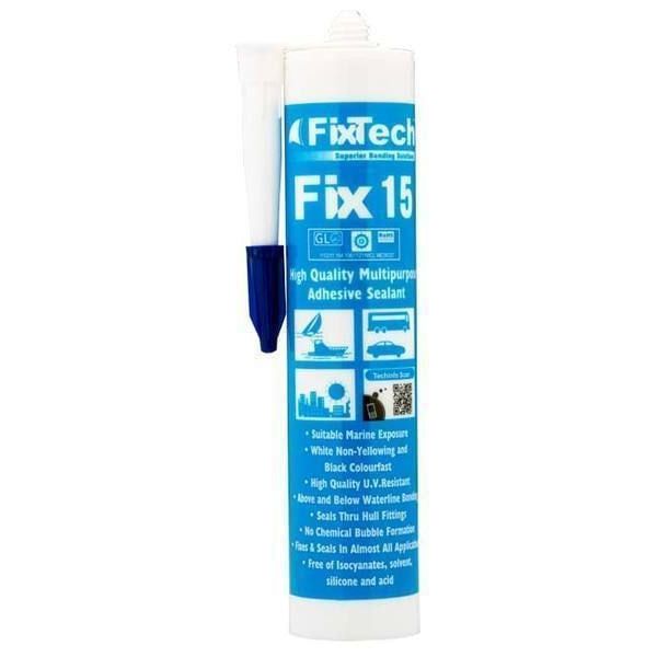 Upright Fixtech Fix15 white adhesive sealant cartridge showing nozzle and front label specifications