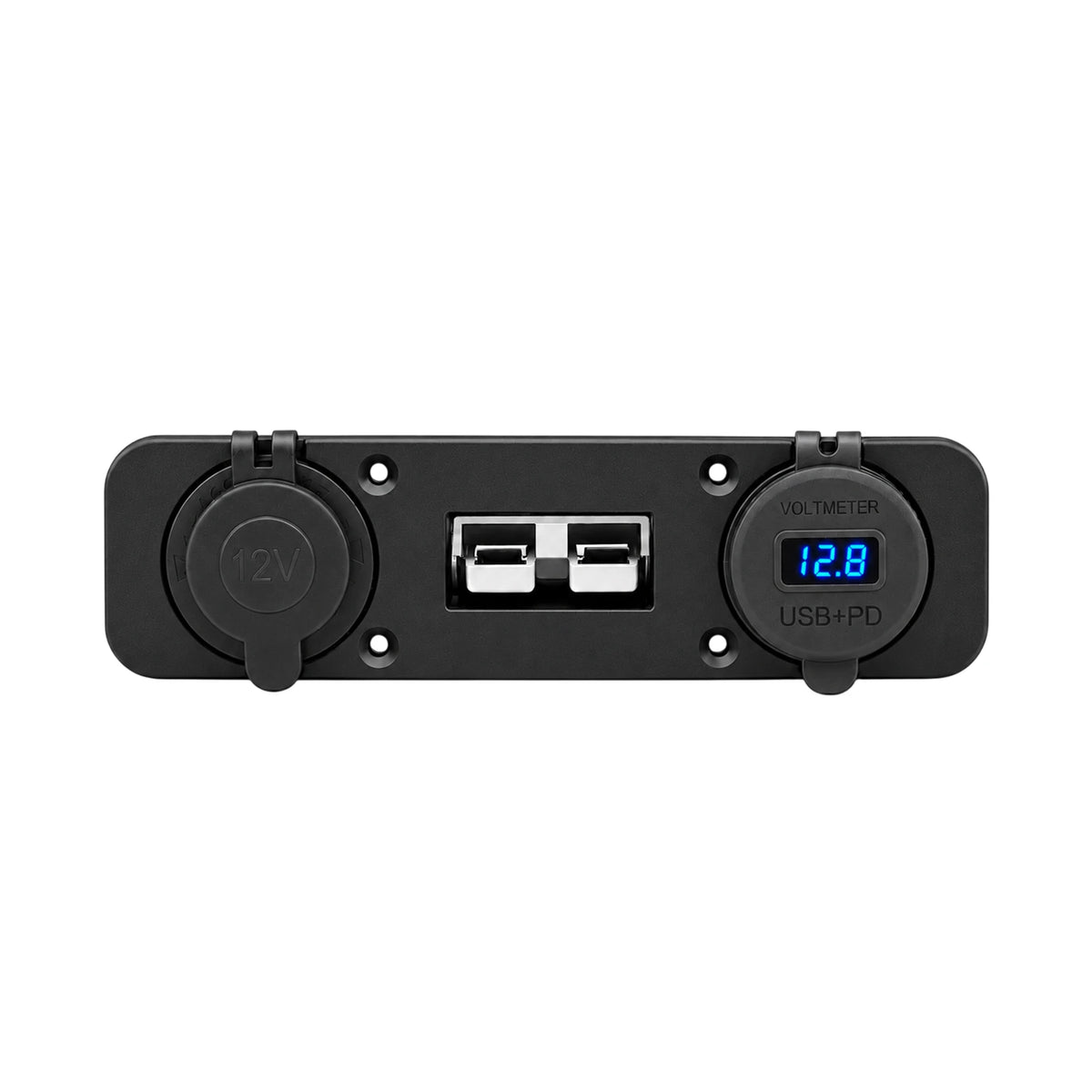 Front view of flush mount panel with 12V socket, 50A Anderson connector and digital voltmeter display