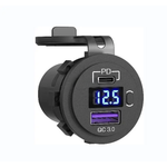 Angled view of black socket showing USB-C PD port, blue digital voltmeter, power button and QC 3.0 USB-A port