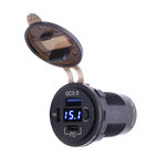 Flush mount socket with open lid showing QC3.0 USB-A port, digital voltmeter and USB-C PD port