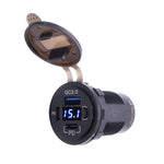 Flush mount socket with open lid showing QC3.0 USB-A port, digital voltmeter and USB-C PD port