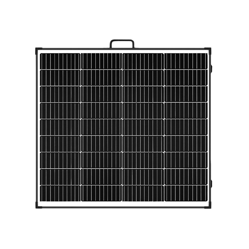 Front view of folded 200W solar panel showing cell grid and handle