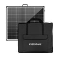 Exotronic 24V portable folding solar panel standing upright behind a black carry bag
